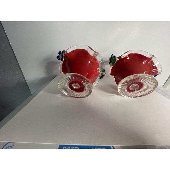 Vintage Art Glass Red Clear Basket Applied Blue Flowers Beautiful 2 Baskets - Picture 8 of 9